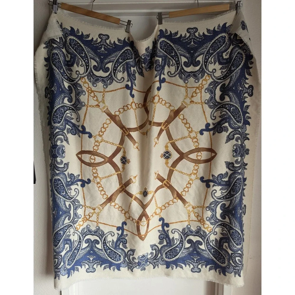 Chico's Scarf Blue White Brown Gold Classic Rectangle Wrap Shawl Stole